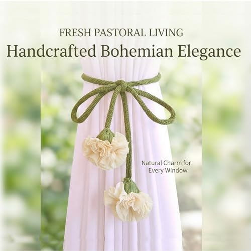 Handmade Curtains Tiebacks, Boho Flower Curtain Tie Backs Curtain Holder Tie Backs for Curtains Braided,Cute Flower Curtain Ties Decorative Rope for Bedroom Window Treatment (Milk White)