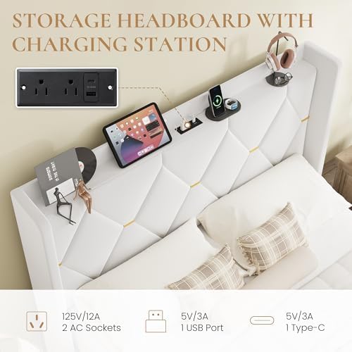 SHA CERLIN Queen Bed Frame with Storage Headboard & Charging Station