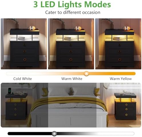 HENBC Nightstand with Gun Drawer, LED Night Stand with Charging Station, Smart End Table with Bedside Table for Bedroom/Study Room,3 Colors Human Sensor Lights Furniture (Black)