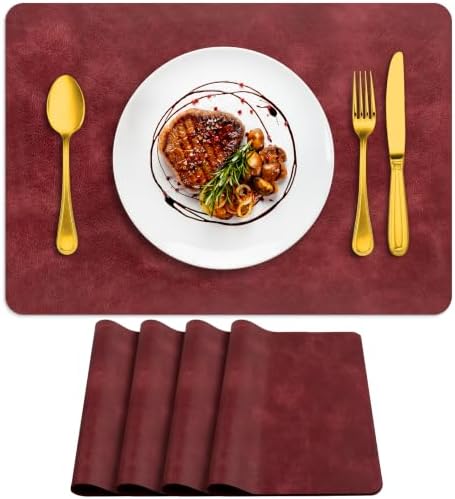 ADRIMER Fall Placemats Set of 4, Heat Resistant Faux Leather, Wine Red