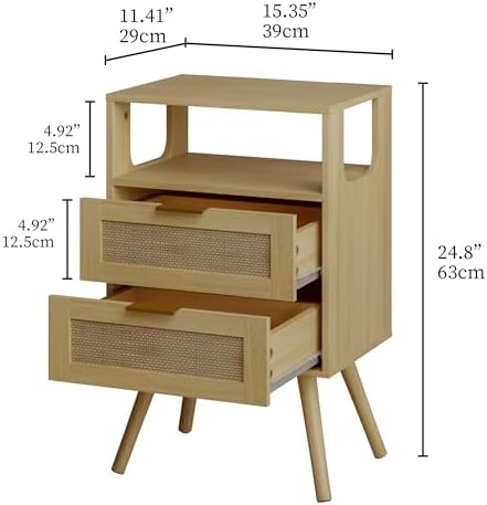 JOONEE Rattan Nightstand,Farmhouse Bedside Table with 2 Storage Drawer and Open Wood Shelf, for Bedroom and Small Spaces,Night Stand with Solid Wood Legs (Yellow Oak)