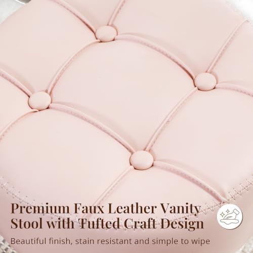LUE BONA Adjustable Vanity Stool, 360°Swivel Vanity Chair for Makeup Room, Pink Stool Chair for Vanity, Small Faux Leather Vanity Stools for Bathroom, Living Room