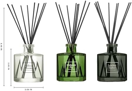Bellevue Reed Diffuser Set, Three 6 fl oz Glass Filled Diffuser, Highly Concentrated Fragrances with Essential Oils, Home Fragrance (Leather Ember, Midnight Fig, Saffron Blooms)