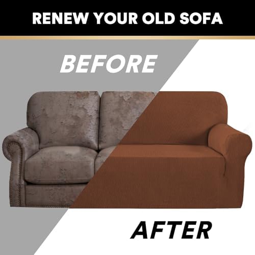 PrinceDeco Stretch Sofa Cover Slipcover 1-Piece, Spandex Jacquard Fabric Universal Couch Cover for 3 Cushion, Washable Non Slip Sofa Cover, Pet Friendly (Sofa 74" - 88", Caramel)