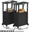 TUTOTAK Small Narrow End Tables, Side Tables with 2 Fabric Drawers, Set of 2, Bedside Tables with Charging Station for Small Spaces, Slim Nightstands with USB Ports and Wheels, TB01BK053