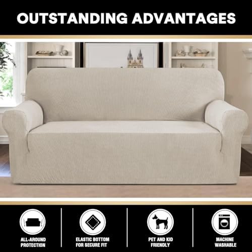 PrinceDeco Stretch Sofa Cover Slipcover 1-Piece, Spandex Jacquard Fabric Universal Couch Cover for 3 Cushion, Washable Non Slip Sofa Cover, Pet Friendly (Large Sofa 90"-100",Island Fossi)