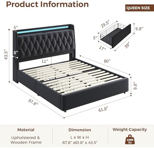 Queen LED Velvet Bed Frame with 2 Storage Drawers&Hidden Headboard, Upholstered Platform Bed with Charging Station&Button Tufted Design, Wooden Slats Support, Box Spring Optional, Easy Assembly, Black