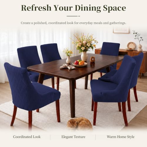 MIFXIN Wingback Side Chair Covers Dining Chair Slipcover Jacquard Stretch Sloping Armchair Protector Arm Chair Seat Cover for Dining Room Living Room Banquet Home Decor (Navy, 4 Pcs)