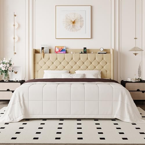 Allewie King Size Bed Frame, Storage Headboard & Charging Station, Beige