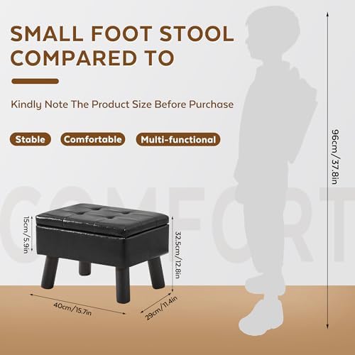 Storage Ottoman, Small Foot Stool Ottoman with Storage, Faux Leather Foot Rest with Wood Legs, Footstool for Living Room, Bedroom, Entryway, Black