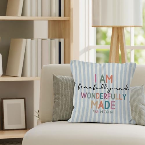 Boho Nursery Christian Throw Pillow Cover 18x18, Religious Bible Verse Inspirational Decorative Pillow Covers for Kids Boys Room Bedroom Playroom, Blue Striped Accent Pillows Cover Pillowcases