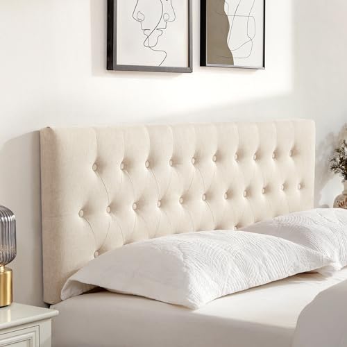Tufted Upholstered Headboard King Size, Adjustable Height 37- 51 in, Beige