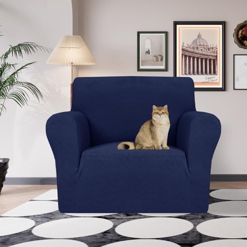 JIVINER Stretch Armchair Slipcovers, 1 Piece Chair Sofa Covers 1 Seater Couch Covers with Elastic Bottom for Kids, Pets (Navy Blue, Chair)