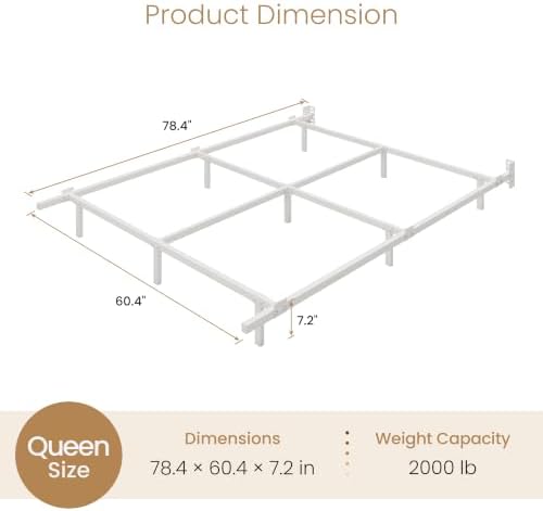 SHA CERLIN 7 Inch Metal Bed Frame, 9-Leg Box Spring Base, White, Queen
