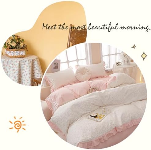 Pink Ruffle Duvet Cover Set 100% Cotton Queen(90"x90"),Pink Flower