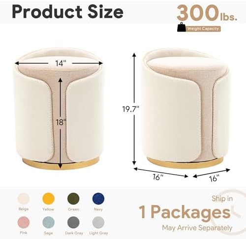 Swivel Vanity Stool with Gold Base Comfy Vanity Chair Modern Round Stool for Makeup Vanity Ottoman Foot Rest for Bedroom livingroom (Beige)