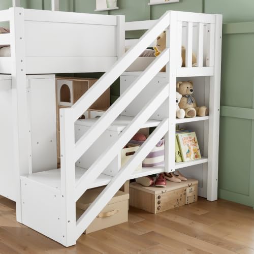 Twin Size Playhouse Low Loft Bed with Slide Storage Drawers Stair Shelves Pull Out Desk (White, Twin)