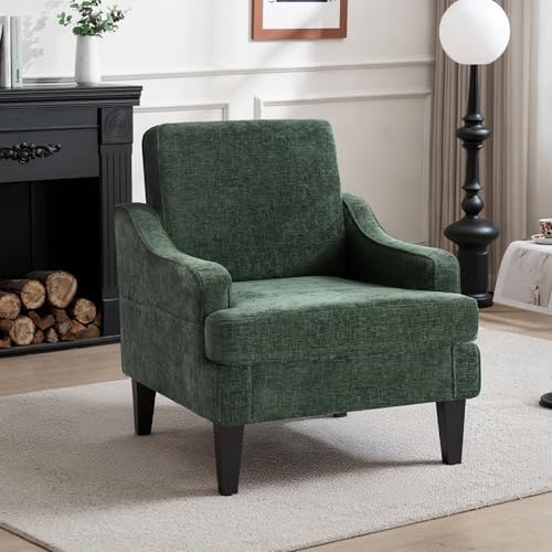 Accent Chair for Living Room,Mid-Century Arm Chair Chenille Fabric Living Room Chairs,Upholstered Reading Chair for Bedroom,Single Sofa Chair with Wood Legs for Apartment (Green)