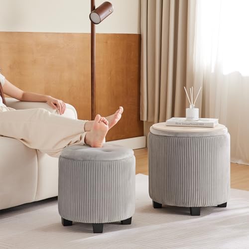 BLEXA Tufted Ottoman Set of 2 Large Round Velvet Storage Ottoman Gray