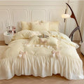 SOUKECHY Lace Ruffled Bedding Bow Duvet Cover Set with Butterfly Tie, Soft Brushed Microfiber Shabby Chic Bedding Set with Zipper Closure-Yellow,Queen Size