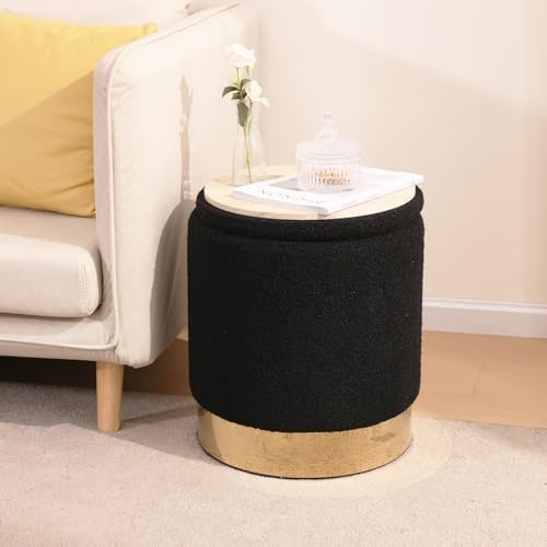 Round Ottoman with Storage Set of 2, Black Sherpa Vanity Stool