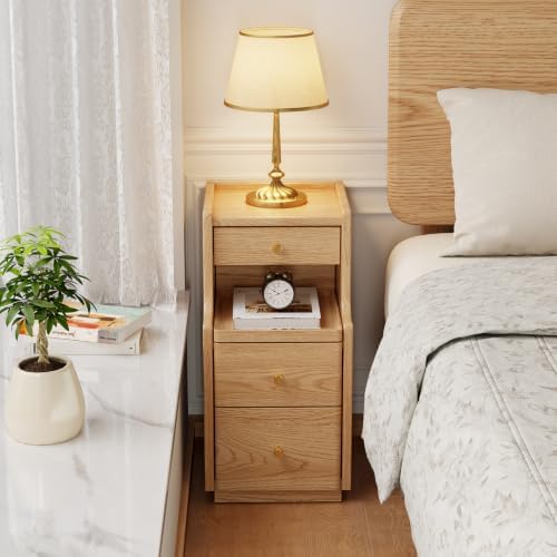 AQIMUELE Solid Wood Narrow Nightstand with 3 Drawers,Light Wood Color 11.8"
