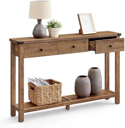 VASAGLE 47.2" Narrow Console Table with 3 Drawers and Open Storage Shelf
