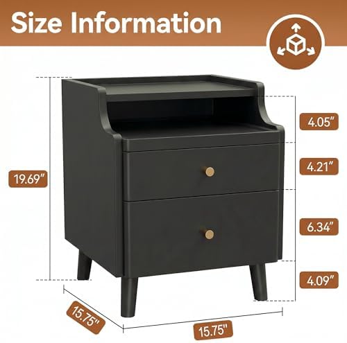 Nightstand with Drawers, Pre-Assembled, 19.7" H Natural Solid Wood Night Stand with Open Sliding Shelf, Mid Century Modern Small Bedside Table Cabinet for Bedroom, Black 16"