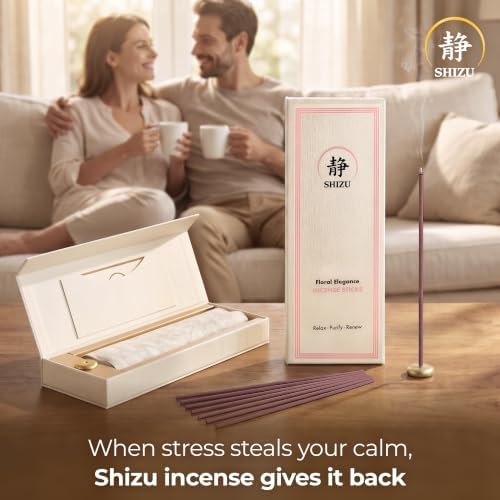 Shizu Floral Elegance Incense Sticks – Artisanal Temple Grade Japanese Incense with Brass Holder – Subtle, Calming Scent for Relaxation, Meditation & Home Spa, Elegant Gift Set (60 Sticks)