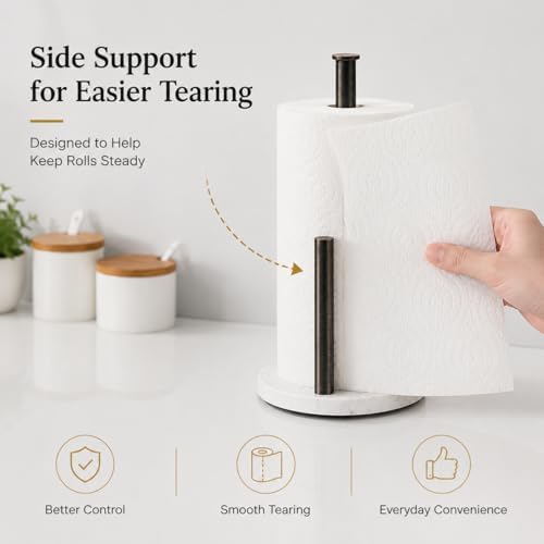 Oil Rubbed Bronze Paper Towel Holder for Kitchen Countertop, 304 Stainless Steel Roll Dispenser with White Engineered Marble Weighted Base, Freestanding Paper Towel Stand for Standard Rolls