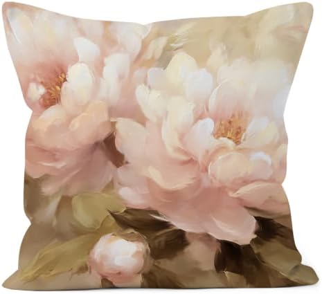 Vintage Pink Peony Floral Pillow Cover 18x18, Rustic Farmhouse Cottage Core Botanical Flower Decorative Lumbar Pillow Cover for Couch Bed Living Room Bedroom