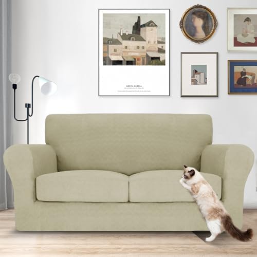 MAXIJIN 3 Piece Couch Covers for 2 Cushion Couch loveseat Cover, Stretch Love Seat Sofa Slipcovers for Dogs Pet, Thick Furniture Protector with 2 Seat Cushion (55"-69", Khaki)