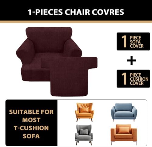 Sofa Cover 2 Pieces T Cushion Chair Covers with Arms Super Stretch Chair Slipcover for Living Room,Slip Cover Anti Slip Armchair Furniture Protector Pet Universal(Burgundy, 1 Cushion)
