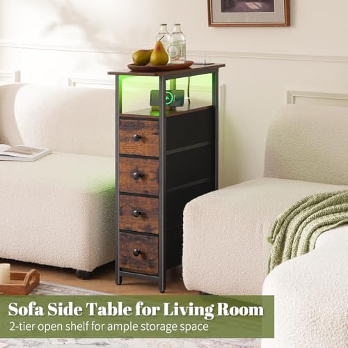 Yoobure Narrow Nightstand with Charging Station, LED Tall Narrow Side Table