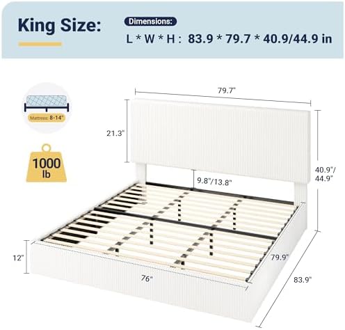 Allewie King Bed Frame, Adjustable Corduroy Headboard, Platform, White