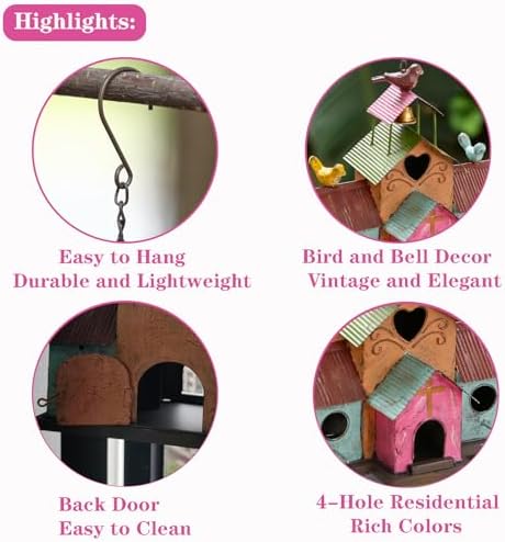 Large Bird Houses for Outside Hanging, 4 Hole Outdoor Bird House with Bell, Easy Clear, Colorful Metal Bird Houses for Outside.