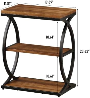 Vabches Narrow Side Table with Storage Shelf,3-Tier End Table with Artistic Curved Metal Frame,Industrial Bedside Tables for Small Space,Living Room,Bedroom,Home Decor,Walnut & Black
