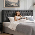 Kingfun Tufted Upholstered Queen Size Bed Headboard in Modern Button Design, Adjustable Solid Wood Head Board, Premium Linen Fabric Padded Headboards in Bedroom (Dark Grey)