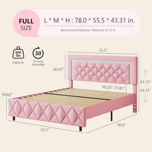 Lullabyre Full Size Bed Frame with Headboard, Faux Leather Bed with Diamond Tufted Design, Bed Frames Full with Wood Slats Support, No Box Spring Required, Easy Assembly, Pink