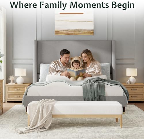 Jocisland Queen Bed Frame Tall Wingback Headboard Upholstered, Light Grey