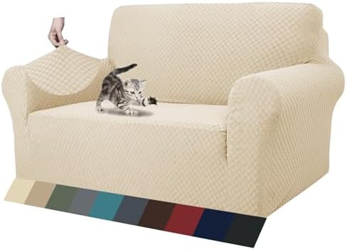 ZNSAYOTX 1 Piece Jacquard Couch Covers for 2 Cushion Couch High Stretch Loveseat Slipcover for Pets Dogs Anti Slip Love Seat Sofa Slipcover Furniture Protector (Loveseat, Light Beige)