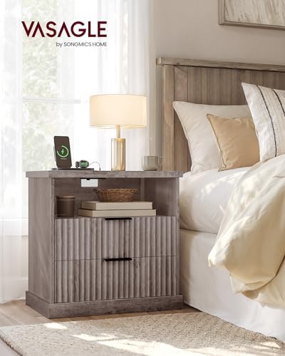VASAGLE Nightstand with Charging Station, 2 Drawers, Open Shelf