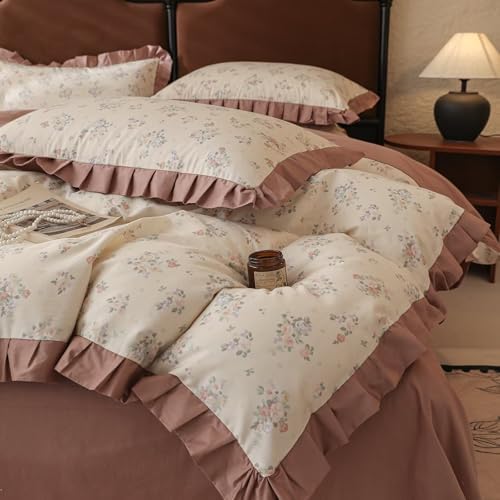 Twin Size Flower Print Duvet Covers with Pale Pink Ruffles Soft Vintage 100% Cotton Comforter Cover Set for Girls Kids,3 Pieces,Includes 1 Duvet Cover& 2 Pillowcases