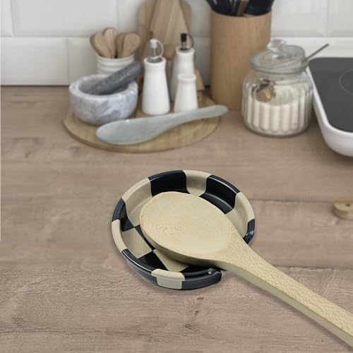 Verona Black Marble Spoon Rest for Stove Top, Checkered Kitchen Utensil Holder, Coffee Bar Accessory