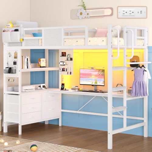 Loft Bed Twin Size with L-Shaped Desk and 5 Storage Drawers, White