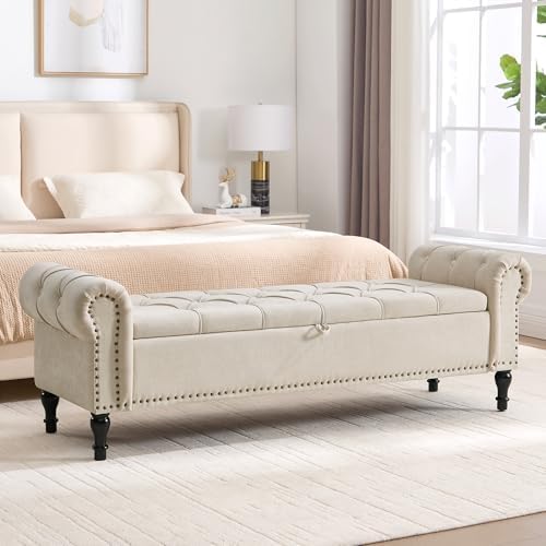 Storage Bed Bench for Bedroom, Chenille 67" End of Bed King Size Benches with Armrest, Tufted Button Upholstered Ottoman Bench for Living Room, Entryway, Camel