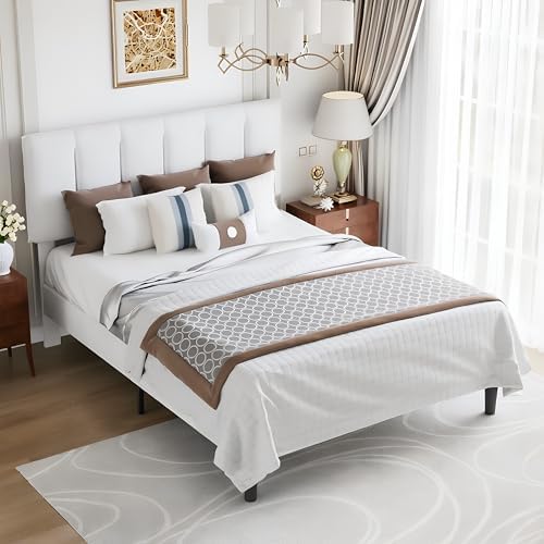 VECELO Full Size Bed Frame with Upholstered Headboard, Pure White
