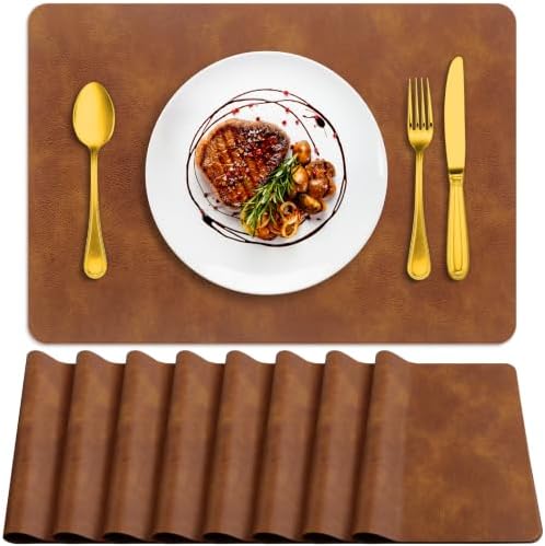 ADRIMER Fall Placemats Set of 8, Heat Resistant Faux Leather Turmeric Brown