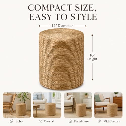 14" Boho Pouf Patio Ottomans Natural Straw Handweave Rustic Round Footstool