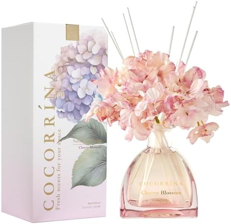 COCORRÍNA Reed Diffuser - 8.5 Oz Cherry Blossom Reed Diffuser with 8 Sticks for Home Bathroom Shelf Decor (Simple Luxe Collection)